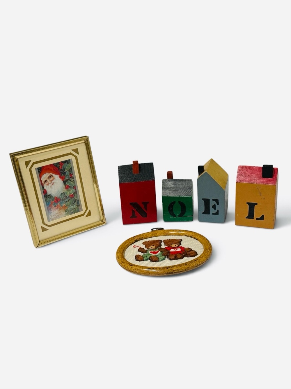 Vintage “NOEL” Wooden Blocks - Framed Santa - Needle Point Teddy Bear Framed